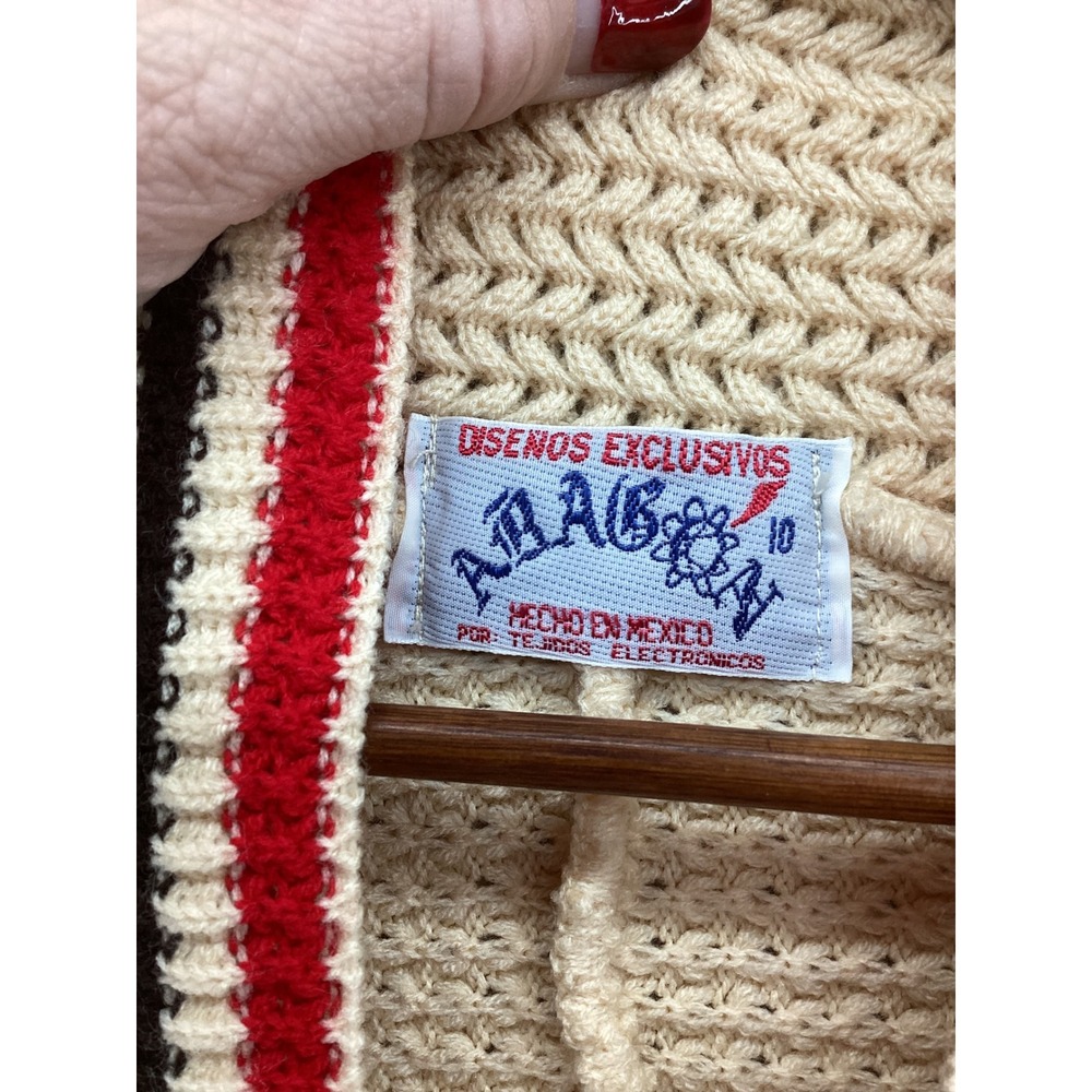 Vintage Araba Mexico Knit Poncho Cardinal Bird Fringe Cream Red Green Longline - Picture 3 of 4